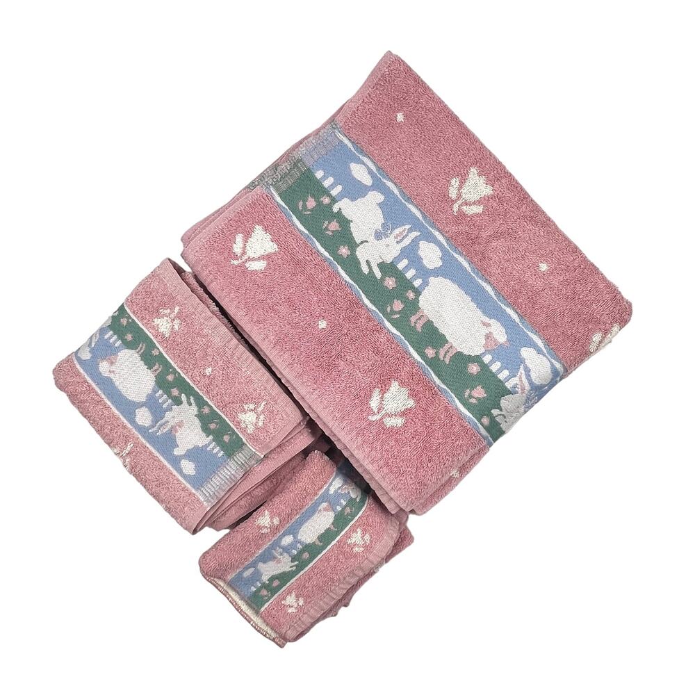 Vintage Towel Set Cottagecore Utica Cotton Sheep Rabbit Pink Fairy Kei